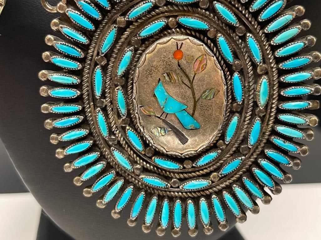 ANTIQUE OLD PAWN STERLING SILVER NAVAJO LEO G. HARVEY SIGNED TURQUOISE NEEDLEPOINT JEWELRY SET - 4