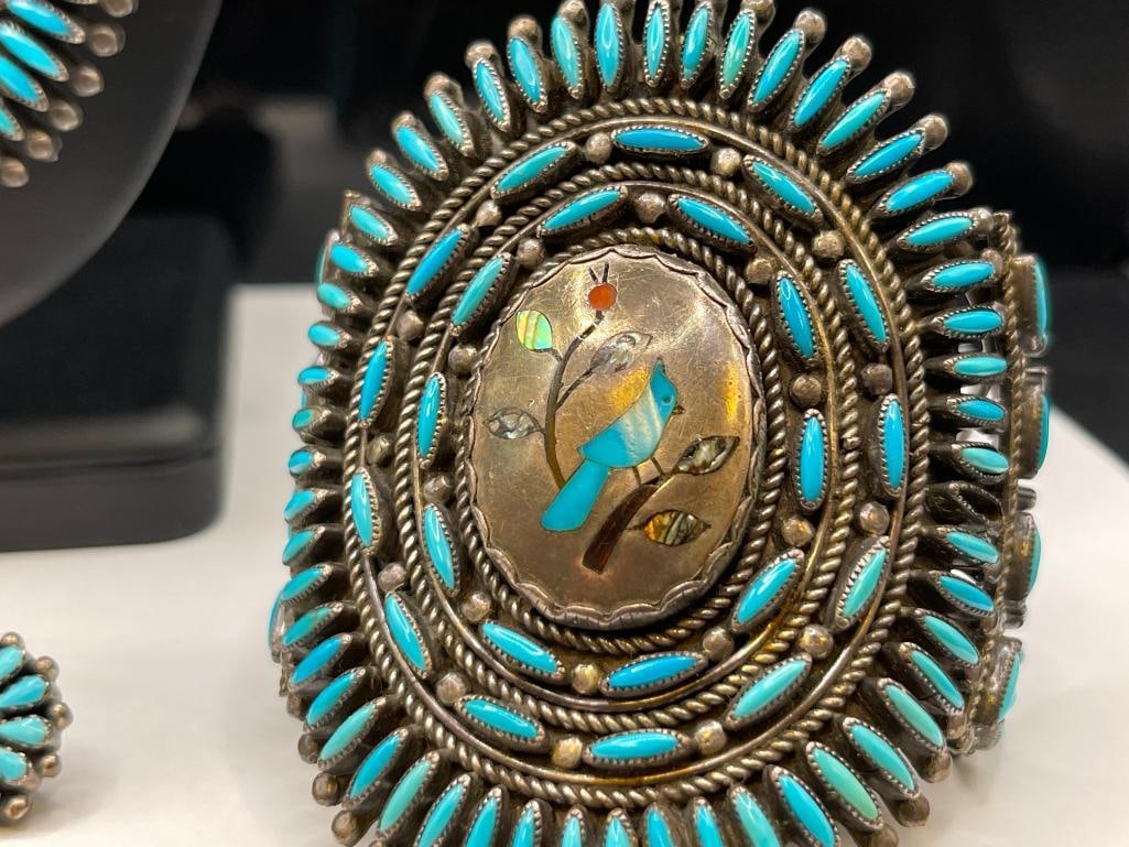 ANTIQUE OLD PAWN STERLING SILVER NAVAJO LEO G. HARVEY SIGNED TURQUOISE NEEDLEPOINT JEWELRY SET - 5