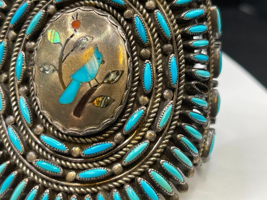 ANTIQUE OLD PAWN STERLING SILVER NAVAJO LEO G. HARVEY SIGNED TURQUOISE NEEDLEPOINT JEWELRY SET - 6
