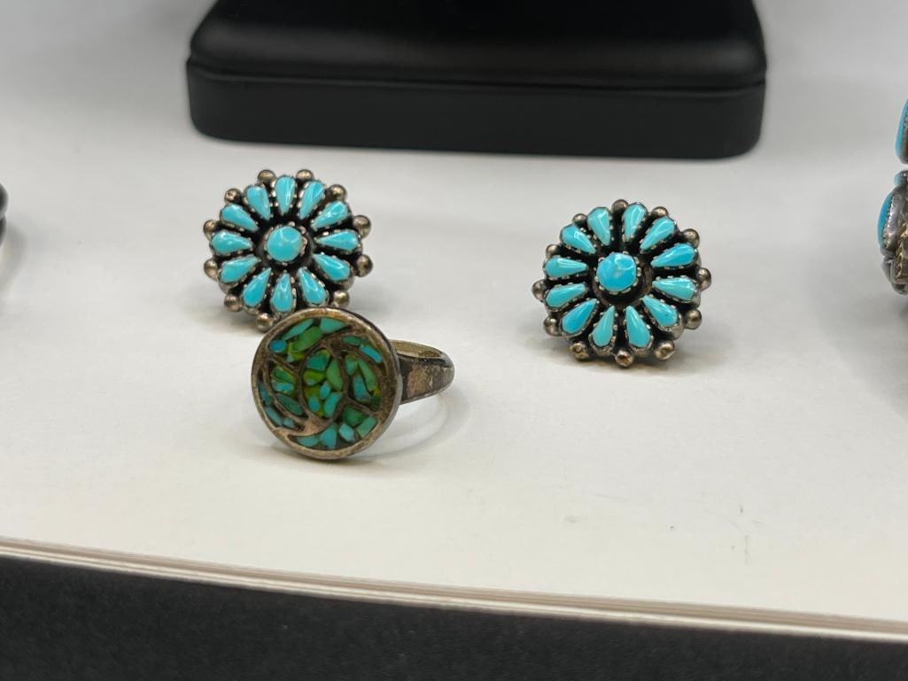ANTIQUE OLD PAWN STERLING SILVER NAVAJO LEO G. HARVEY SIGNED TURQUOISE NEEDLEPOINT JEWELRY SET - 7