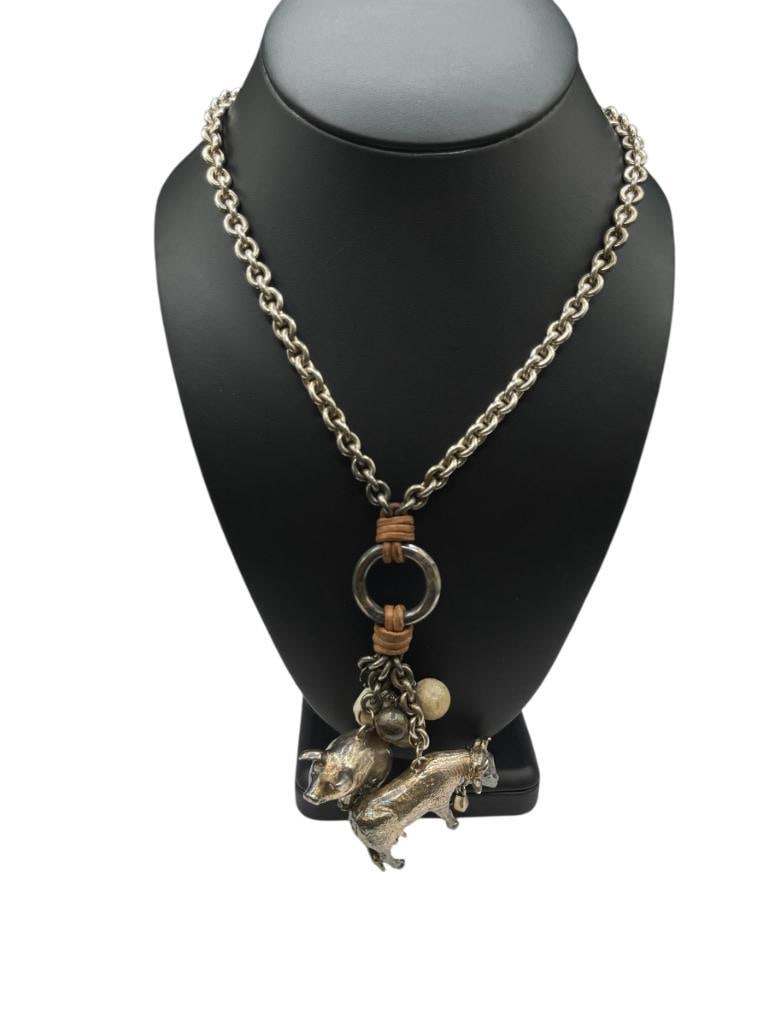 VINTAGE DESIGNER SIGNED STERLING SILVER WESTERN BULL AND PIG DANGLE PENDANT CHAIN LINK NECKLACE (1 of 8)