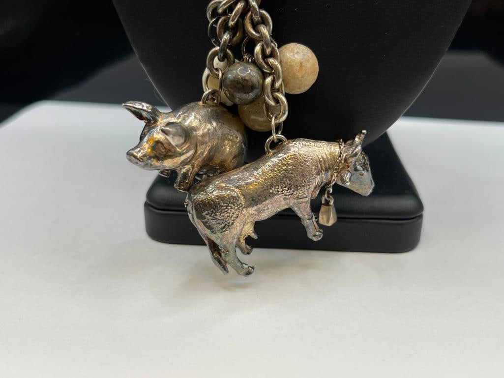 VINTAGE DESIGNER SIGNED STERLING SILVER WESTERN BULL AND PIG DANGLE PENDANT CHAIN LINK NECKLACE - 2