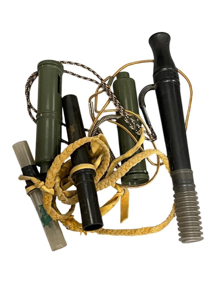 FIVE DUCK CALLS PRIMOS, HAYDEL'S, AND DUCK COMMNADER BRAND: 4 3/4" UP TO 9" L 