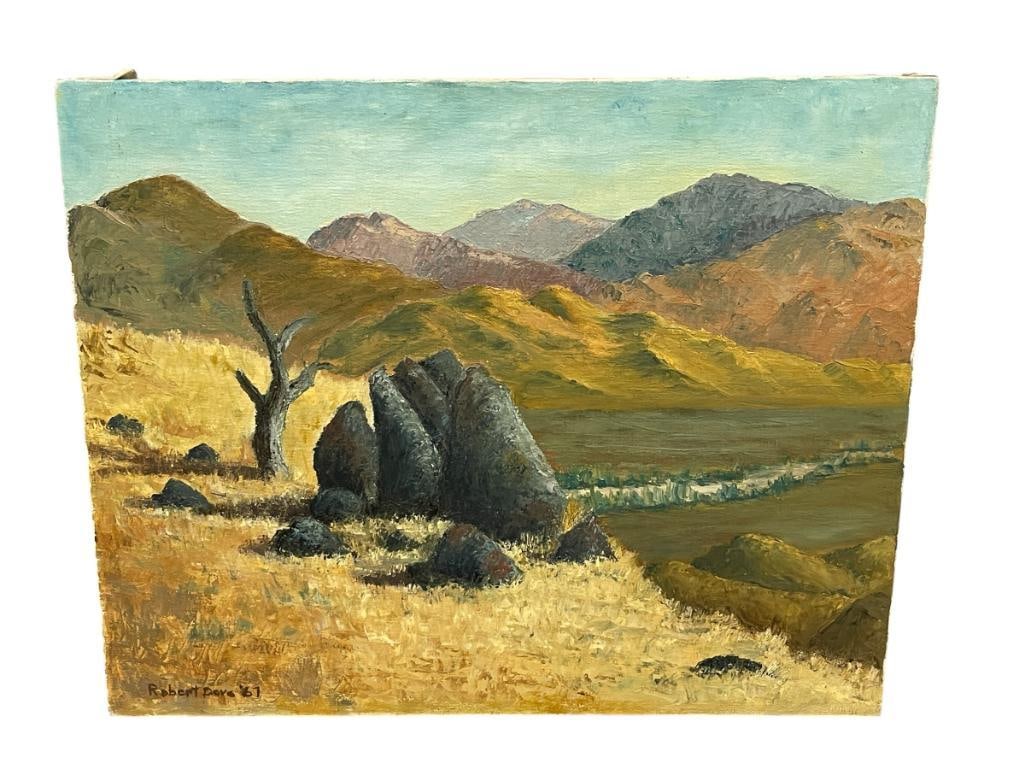 VINTAGE ROBERT DOXE ORIGINAL OIL ON CANVAS PAINTING TITLED GRANITE AND GRASS: ART DEPICTS LANDSCAPE SCENE OF LARGE GRANITE BOULDERS IN GRASSY FIELD WITH MOUNTAINS IN THE BACKGROUND, POSSIBLY CALIFORNIA LANDSCAPE / ARTIST, SIGNED LOWER LEFT, UNFRAMED 20" X 16" 