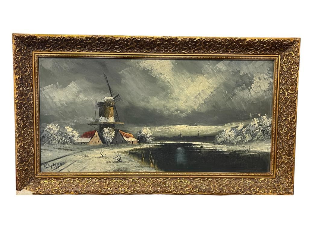 SIGNED RAYMOND ORIGINAL OIL ON CANVAS PAINTING DEPICTING DUTCH LANDSCAPE AND WINDMILL (1 of 14)