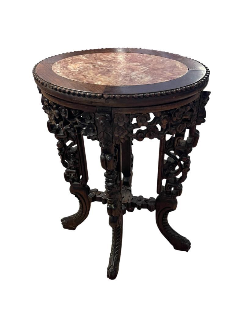 ANTIQUE CARVED ROSEWOOD CHINESE SIDE TABLE / PLANT STAND WITH MARBLE TOP INSERT (1 of 10)