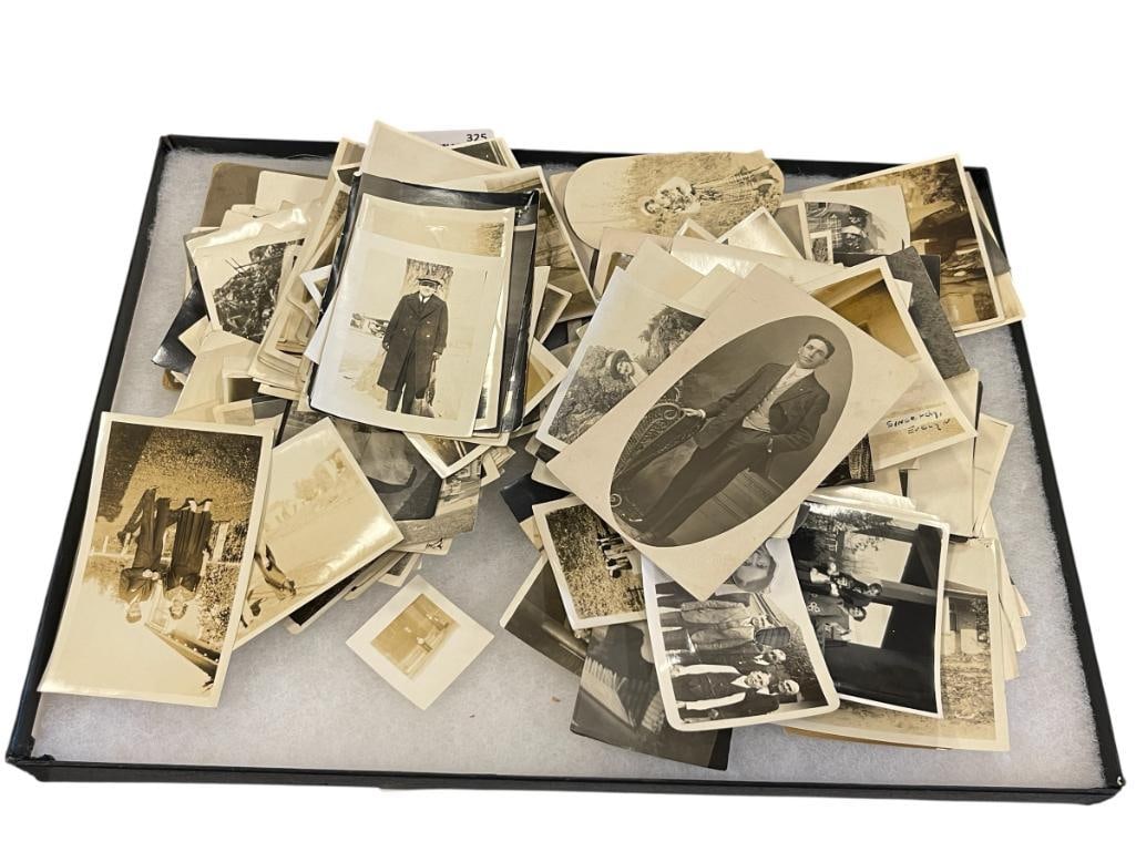 OVER 60 PLUS ASSORTED PHOTOGRAPHS AND POSTCARDS FROM THE 1930'S - 1940'S: PORTRAIT / FAMILY PHOTOGRAPHS / POSTCARDS IN BLACK AND WHITE FEW ARE MARKED BY STUDIO COMPANY 1 5/8" UP TO 3" X 5" 