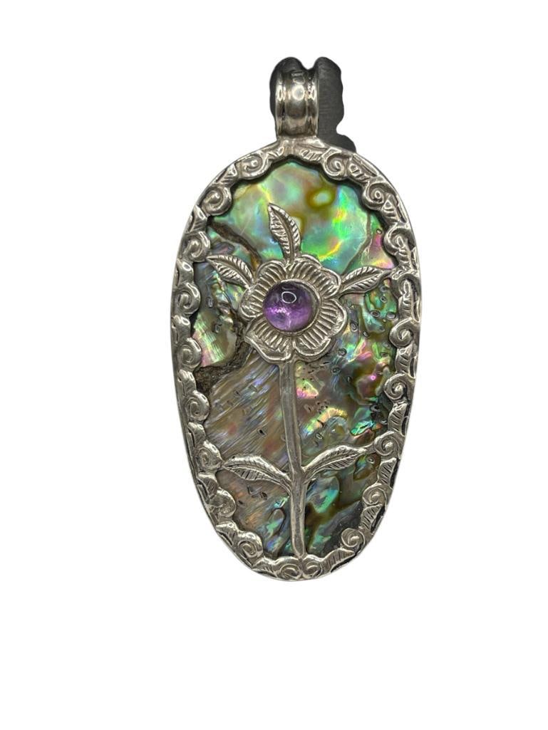 STERLING SILVER ARTIST SIGNED ABALONE SHELL AND PURPLE STONE PENDANT FEATURING FLOWER MOTIF (1 of 5)