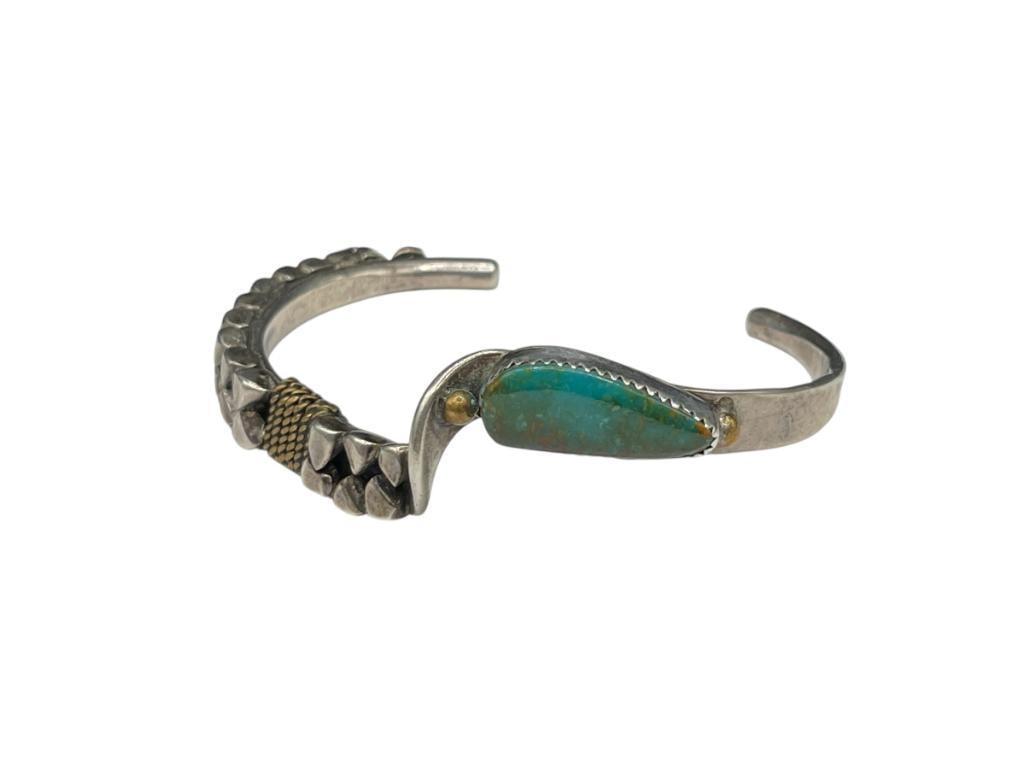ZUNI E. EUSTACE ARTIST SIGNED STERLING SILVER GREEN TURQUOISE CUFF BRACELET (1 of 5)