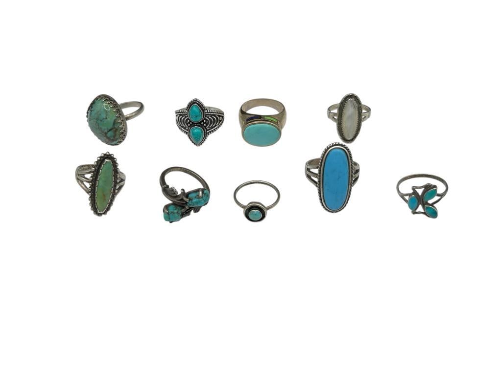 NINE VINTAGE STERLING SILVER STONE RINGS INCLUDING SOME WITH TURQUOISE AND SOME SIMULATED TURQUOSE (1 of 9)