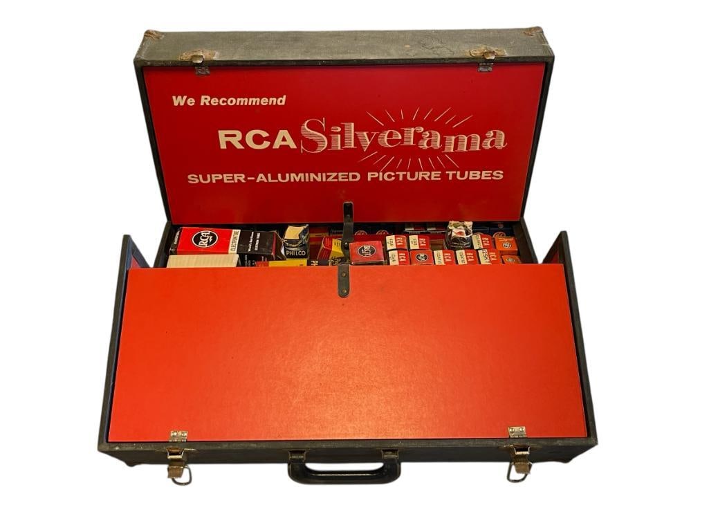 VINTAGE MID-20TH CENTURY RCA TUBE REPAIRMAN CARRYCASE RADIO / TV: RCA TUBE CARRYING CASE WRAPPED IN BLACK VINYL WITH RED AND WHITE LETTERING, INCLUDES OVER 100 TUBES PHILCO, RCA, GE, SYLVANIA, VARIOUS SIZES / TYPES 22" X 9" X 16"