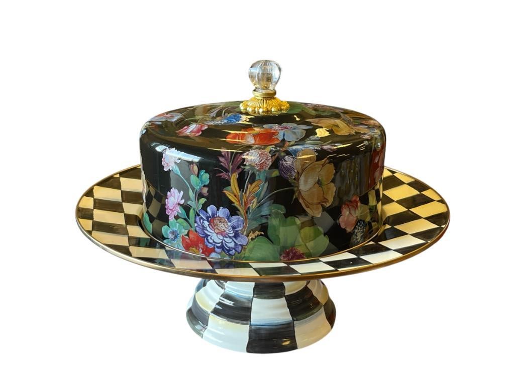 MACKENZIE-CHILDS BLACK FLOWER MARKET PEDESTAL CAKE PLATE WITH DOME COVER (1 of 8)
