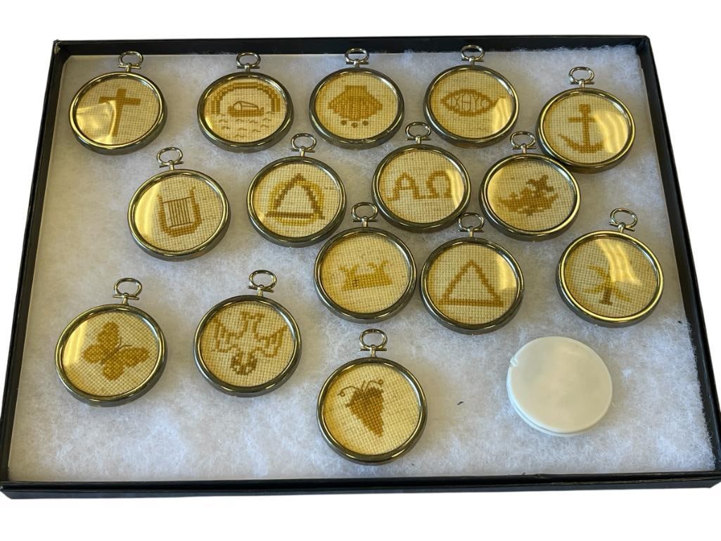 VINTAGE MILITARY CROSS STITCH MEDALLIONS: TOTAL OF 14 MEDALLIONS IN GOLD TONE FRAMES 2 1/2" ROUND 
