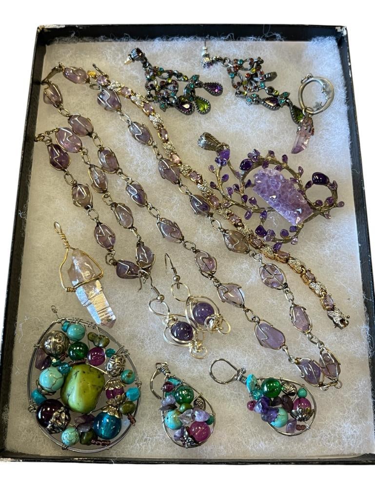 MOSTLY ARTISAN MADE JEWELRY AMETHYST STONE CHOKER, BRACELET, EARRINGS (1 of 12)