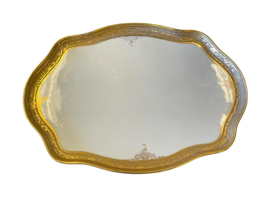 ANTIQUE GILT DECORATED PORCELAIN SERVING PLATTER WITH ENCRUSTED RIM: POSSIBLY LIMOGES PLATTER, NO MARKINGS, WEAR ALONG THE RIM, NO CRACKS OR CHIPS, BOTTOM SHOWS WEAR FROM USE / AGE 