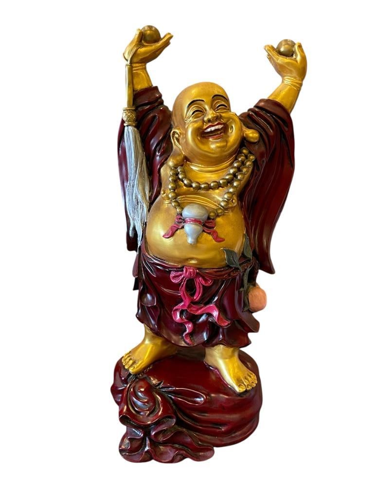 LARGE LAUGHING BUDDHA DECORATIVE STATUE: FINISHED IN RICH RED AND GOLD 22 1/4" H 