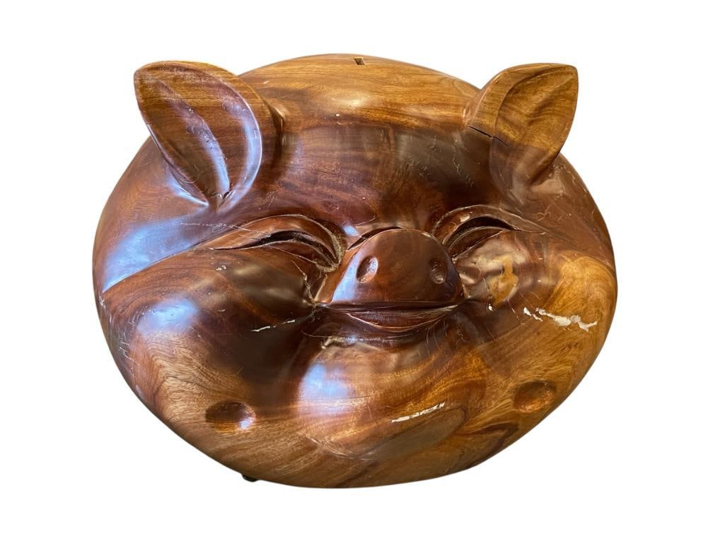 LARGE HAND CARVED WOOD PIG HEAD COIN / PIGGY BANK (1 of 11)