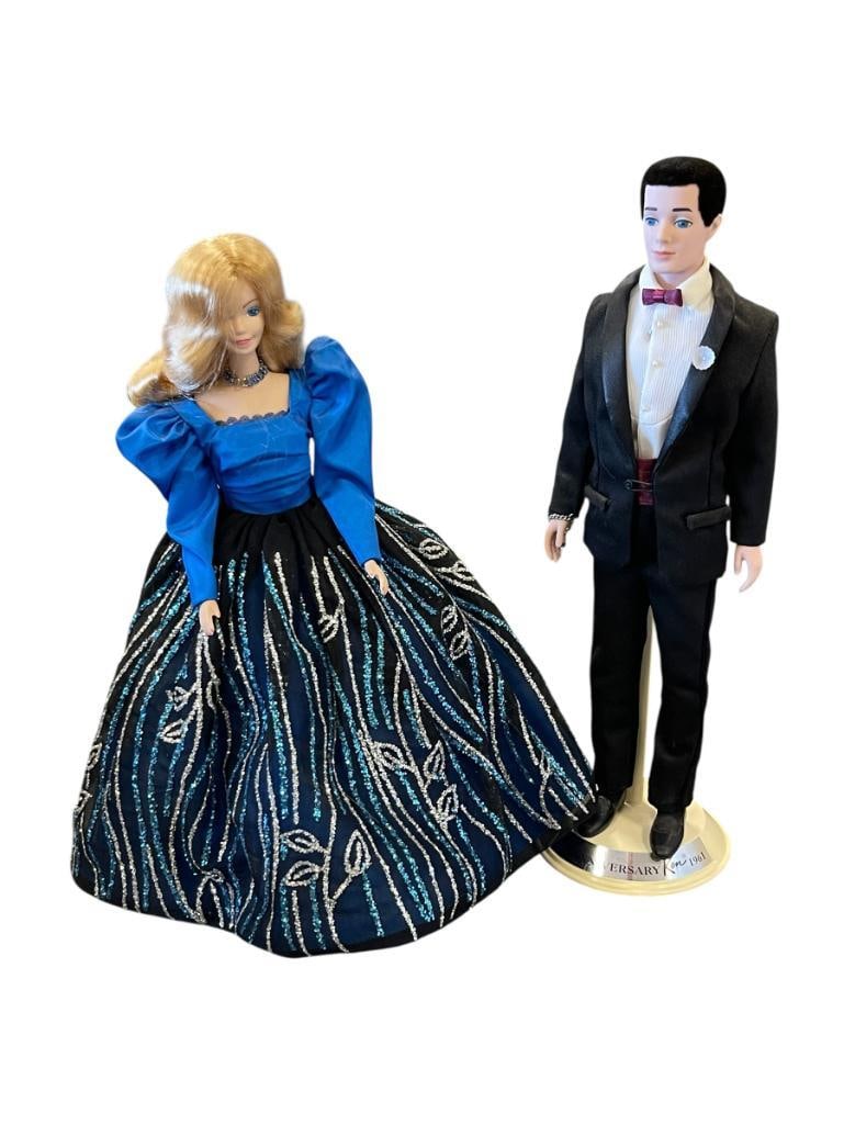 BARBIE MATTEL 1986 BLUE RHAPSODY DOLL AND KEN 30TH ANNIVERSARY DOLL: BOTH INCLUDE ORIGINAL STANDS WITH LABELS 11 1/2" AND 12 1/2" H 