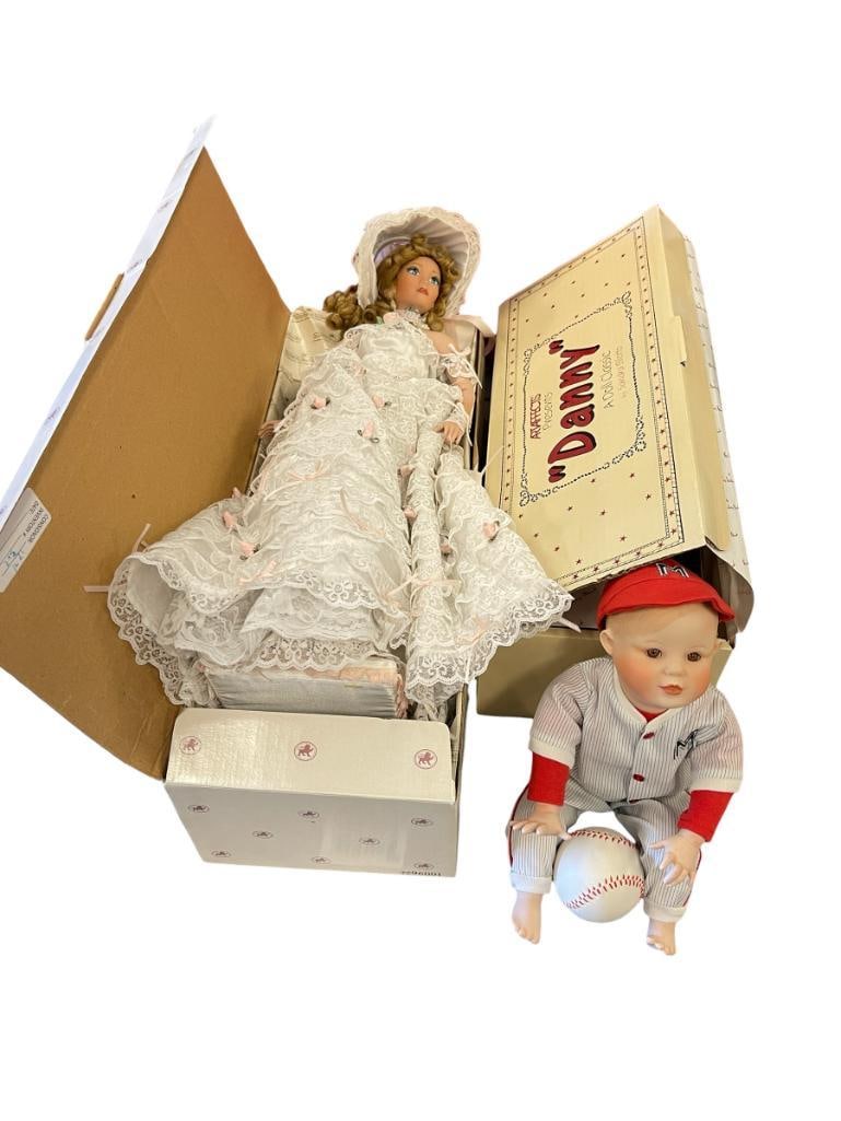 THREE PORCELAIN DOLLS DANBURY MINT DANNY BY SANDRA BILOTTO, MICHAEL BY THE ASHTON DRAKE GALLERIES: PERFECT BABIES COLLECTION FROM YOLANDA BELLO'S SERIES, AND 1998 PORCELAIN DOLL WITH DECORATIVE STAND, NOT IN ORIGINAL BOX 9", 15" AND 20" H 