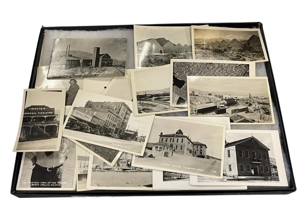 BLACK AND WHITE PHOTOGRAPHS OF AUSTIN, GOLDFIELD, TONOPAH, NEVADA: INCLUDES PHOTO OF THE MYSTERY MAN OF THE DESERT DEATH VALLEY SCOTTY, THE MOVIES EUREKA THEATRE, WARD CHARCOAL OVENS, COMBINATION MILL SMOKE STAKE, MISPAH HOTEL, COURT HOUSE GOLDFIELD, AND MANY OTHER