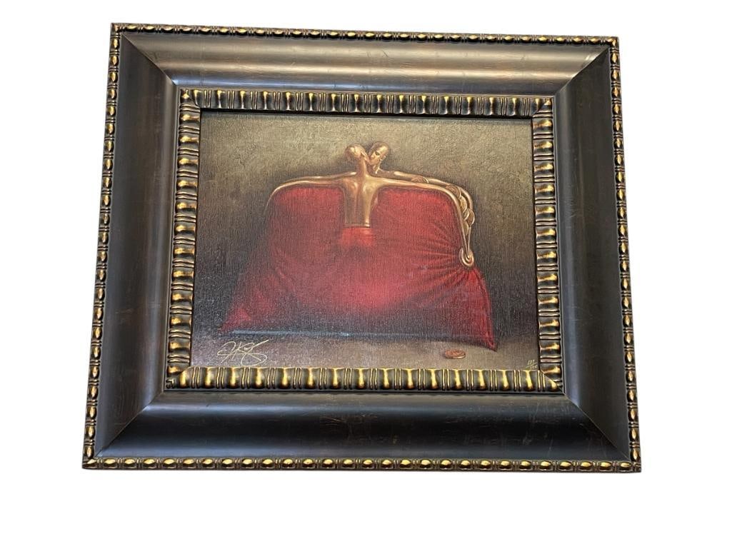 VLADIMIR KUSH METAPHORICAL REALISM LIMITED EDITION PRINT TITLED RED PURSE NO. 123/500: VLADIMIR KUSH RUSSIAN BORN AMERICAN ARTIST WHO WAS ALSO A JEWLER AND SCULPTOR, ART PIECE DEPICTS RED PURSE WITH STYLIZED CLASP OF MAN AND WOMAN KISSING WITH MOODY BACKGROUND, SIGNED LOWER LEFT, F