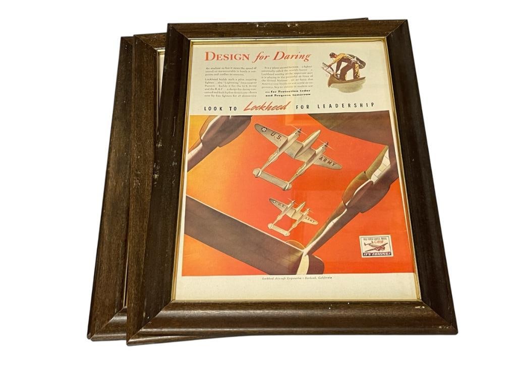 1940'S MAGAZINE ADVERTISEMENTS FOR LOCKHEED LIGHTNING AIRCRAFT: TOTAL OF FIVE ADVERTISEMENTS FEATURING LOCKHEED AIRCRAFT, FRAMED 12" X 16" FRAME 