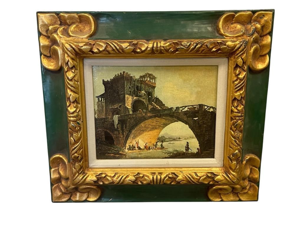 HUBERT ROBERT FRENCH ARTIST REPRODUCED PRINT ON CANVAS TITLED THE OLD BRIDGE: HUBERT ROBERT (1733-1808) FRENCH ARTIST NOTED FOR HIS LANDSCAPE PAINTINGS, ART DEPICTS BUILDING NEAR OLD BRIDGE WITH PEOPLE, WATERWAY IN THE BACKGROUND, ORIGINAL PAINTED IN 1775, FRAMED 17" X 15"