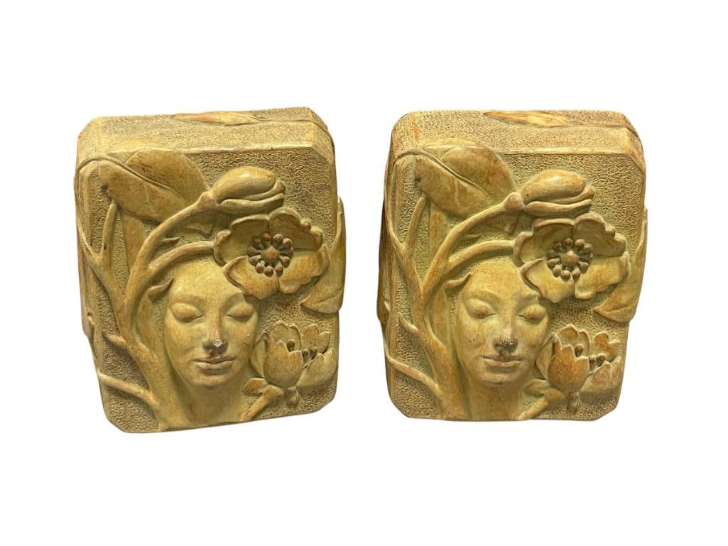 ART NOUVEAU STYLED GIBSON BOOKENDS WITH 3D PROTRUDING FACE WITH LEAVES IN RELIEF: PATINA FINISH, MARKED ON THE EDGE DATED 1998 7" H 
