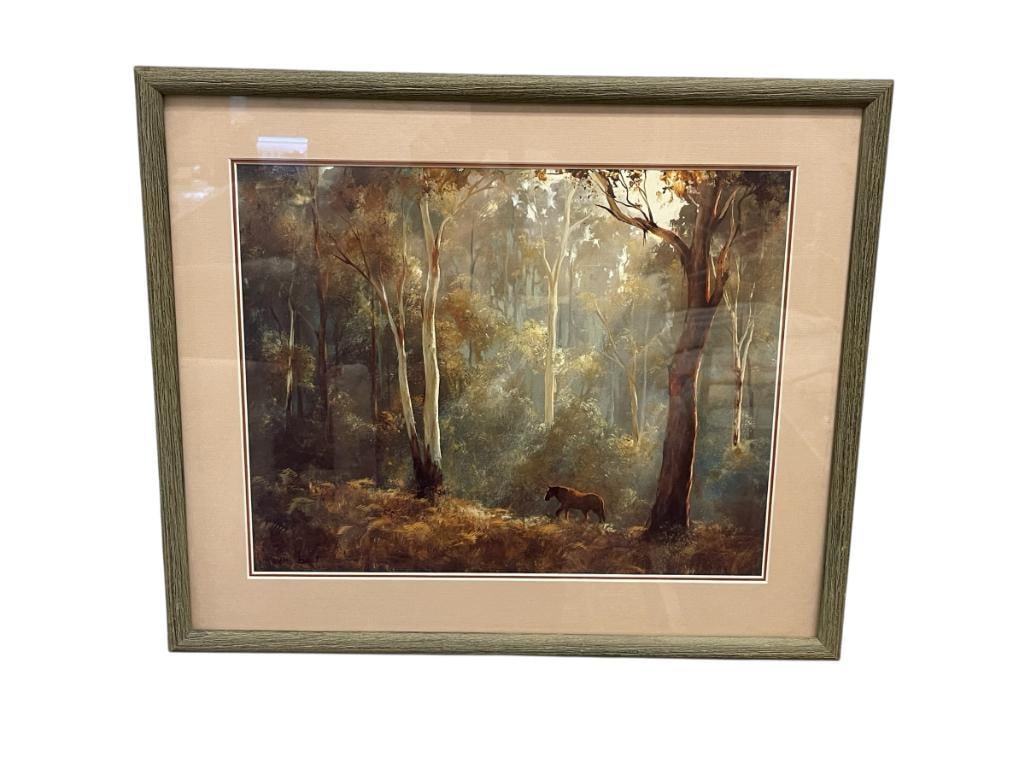 KEVIN BEST RENOWN AUSTRALIAN ARTIST WILDLIFE / LANDSCAPE PRINT: KEVIN BEST (1932-2012) RENOWN ARTIST OF AUSTRALIA, RANKED ONE OF THE TOP ARTISTS, ART DEPICTS WILD HORSE IN THICK FOREST, PLATE SIGNED LOWER LEFT, FRAMED 20 1/2" X 17 1/2" FRAME 