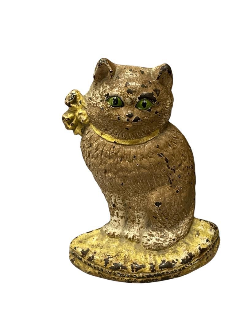 20TH CENTURY CAST HAND PAINTED CAST IRON HUBLEY SEATED CAT DOOR STOP (1 of 6)
