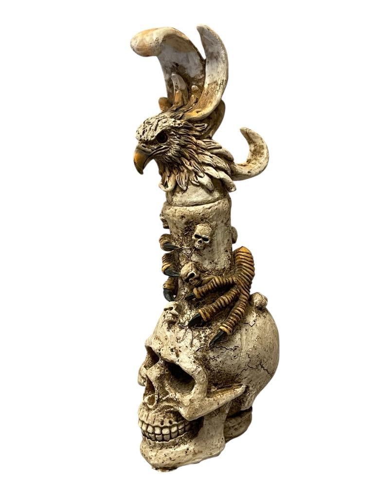 DECORATIVE SKULL AND EAGLE HIDDEN FANTASY KNIFE: EAGLE HANDLED DOUBLE EDGE KNIFE WITH SKULL STAND 10 1/2" H, 8" KNIFE 
