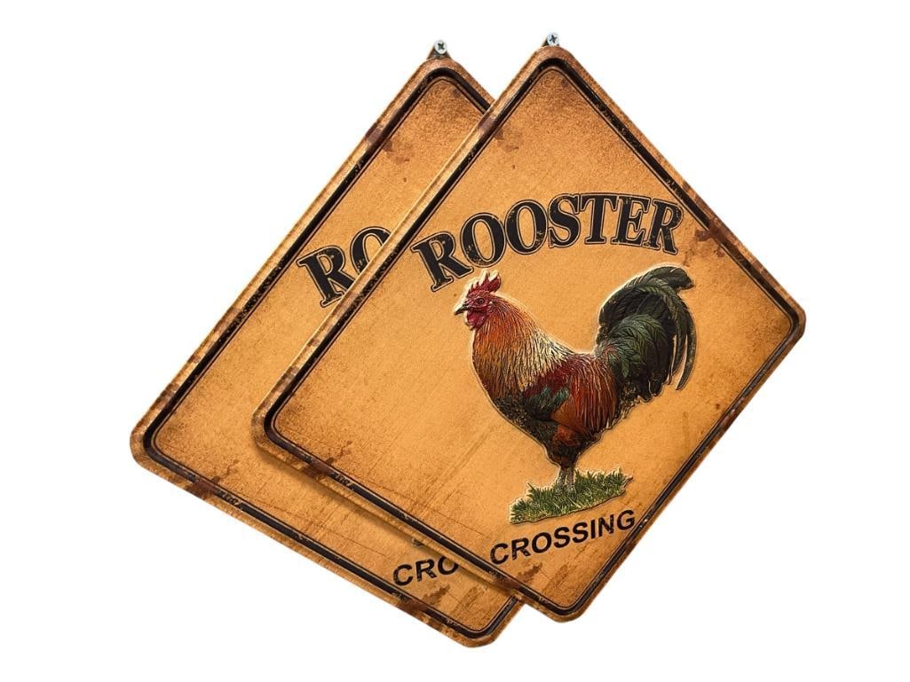 TWO STAMPED METAL ROOSTER CROSSING EMBOSSED METAL SIGNS (1 of 5)