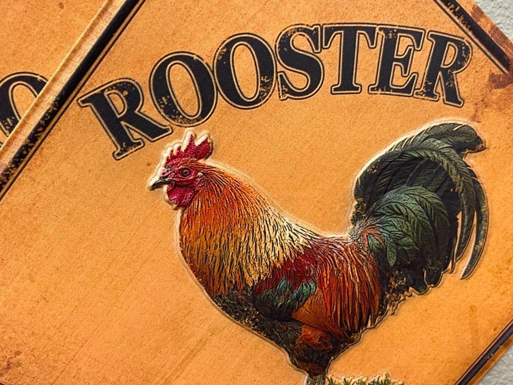 TWO STAMPED METAL ROOSTER CROSSING EMBOSSED METAL SIGNS - 2
