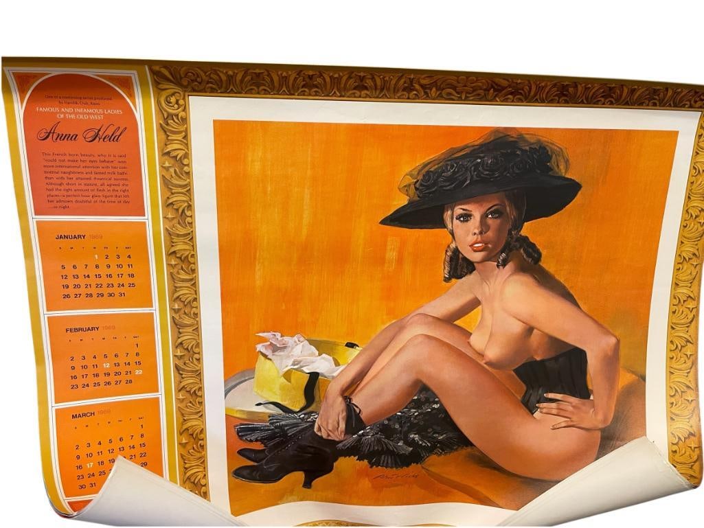1969 HAROLD'S CLUB PINUP GIRLS CALENDAR COMPLETE: FEATURES ANNA HELD, LILY LANGTRY, JENNY LIND, AND LOTTA CRABTREE, BOTTOM PAGE EDGES SHOW LIGHT WRINLES, FIRST PAGE HAS "TINY" TEAR IN THE CENTER 26" X 20"