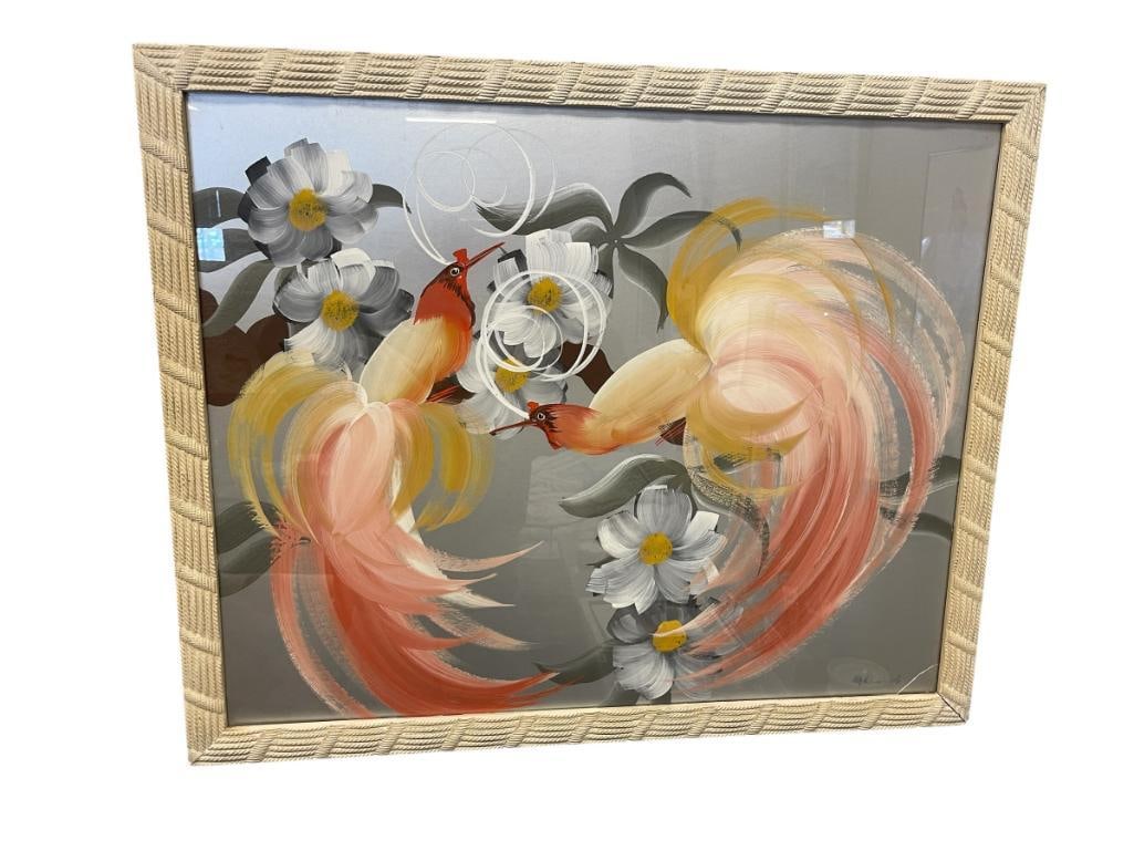 MID-CENTURY BIRDS OF PARADISE PAINTING ON PAPER SIGNED: VIBRANT PAINTING ON SILVER COLORED PAPER DEPICTS TWO PERCHED BIRDS SURROUNDED BY FLOWERS, SIGNED LOWER RIGHT, BOTTOM RIGHT CORNER HAS CREASE, FRAMED 32" X 26" FRAME 