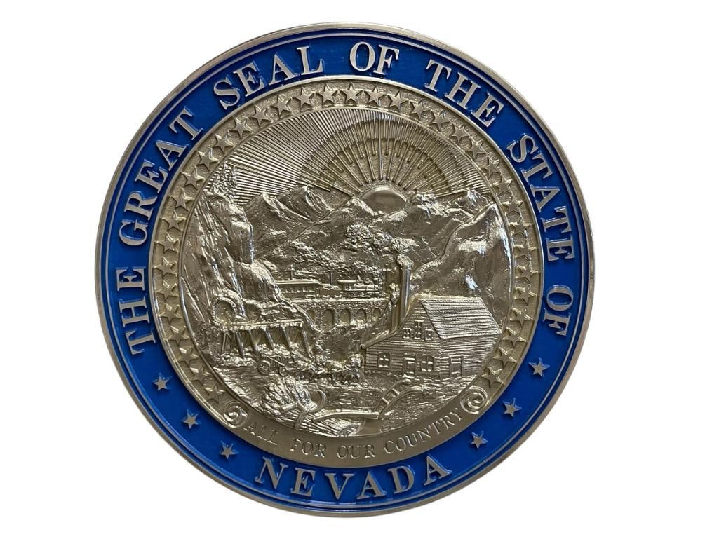 THE GREAT SEAL OF THE STATE OF NEVADA IN SILVER AND BLUE: 15" ROUND 