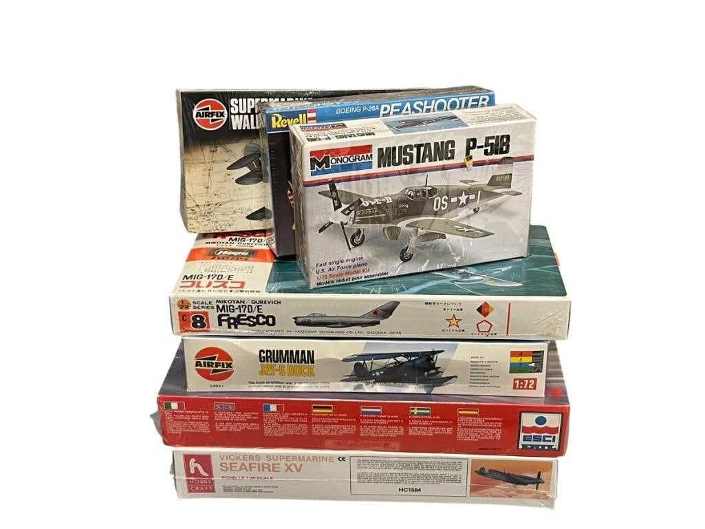 SEVEN 1/48, 1/72 PLASTIC KIT AIRCRAFT MODELS FROM MONOGRAM, AIRFIX, REVELL, AND HASEGAWA (1 of 7)