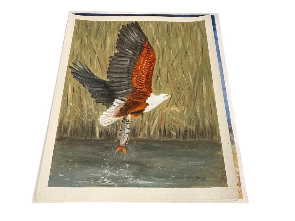 M. HUTSON ZIMBABWE SOUTH AFRICA ARTIST AFRICAN EAGLE ORIGINAL PAINITNGS ON PAPER: M. HUTSON IS AN AFRICAN ARTSIT FROM ZIMBABWE, EACH PRINT DEPICTS IMAGE OF AN AFRICAN EAGLE, EACH IS SIGNED LOWER RIGHT, UNFRAMED EACH MEASURE APPROX. 17" X 21" 