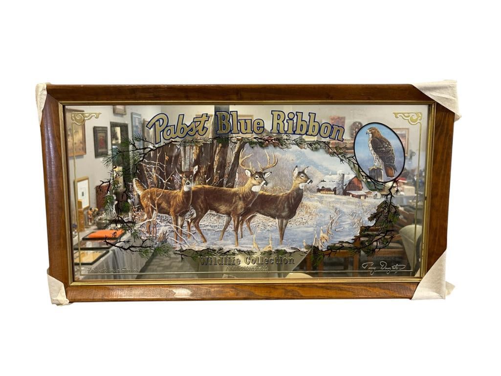 1990 PABST BLUE RIBBON LIMITED EDITION WILDLIFE COLLECTION BAR MIRROR BY TERRY DOUGHTY: FOURTH IN SERIES, PRINT IS WAVY, LIGHT MOISTURE DAMAGE, FRAMED 28 1/2" X 15 1/2" FRAME 