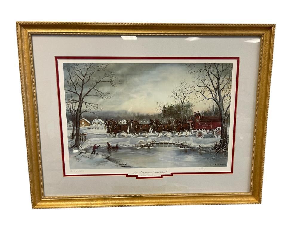 SUSAN RENAE SAMPSON LIMITED EDITION PRINT TITLED AN AMERICAN TRADITION NO. 1370/5000: ART DEPICTS BUDWEISER WAGON PULLED BY CLYDESDALE HORSES WINTER SCENE, SIGNED LOWER RIGHT PLATE SIGNED, ARTIST INFO ON THE BACK, FRAMED 26" X 20" FRAME 
