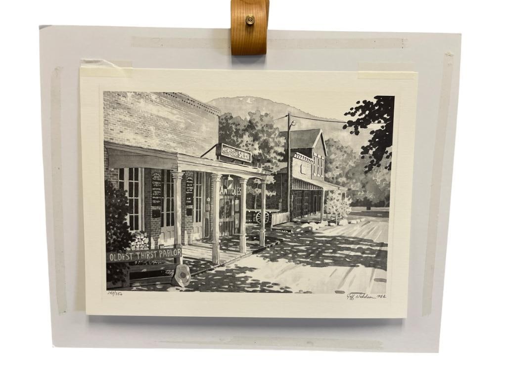 JEFF NICHOLSON PROLIFIC NEVADA ARTIST LIMITED EDITION PRINT GENOA BAR NEVADA'S OLDEST SALOON: 1984 PRINT NO. 247/350, ILLUSTRATES THE FRONT OF GENOA BAR IN BLACK AND WHITE, UNFRAMED 16" X 12" 