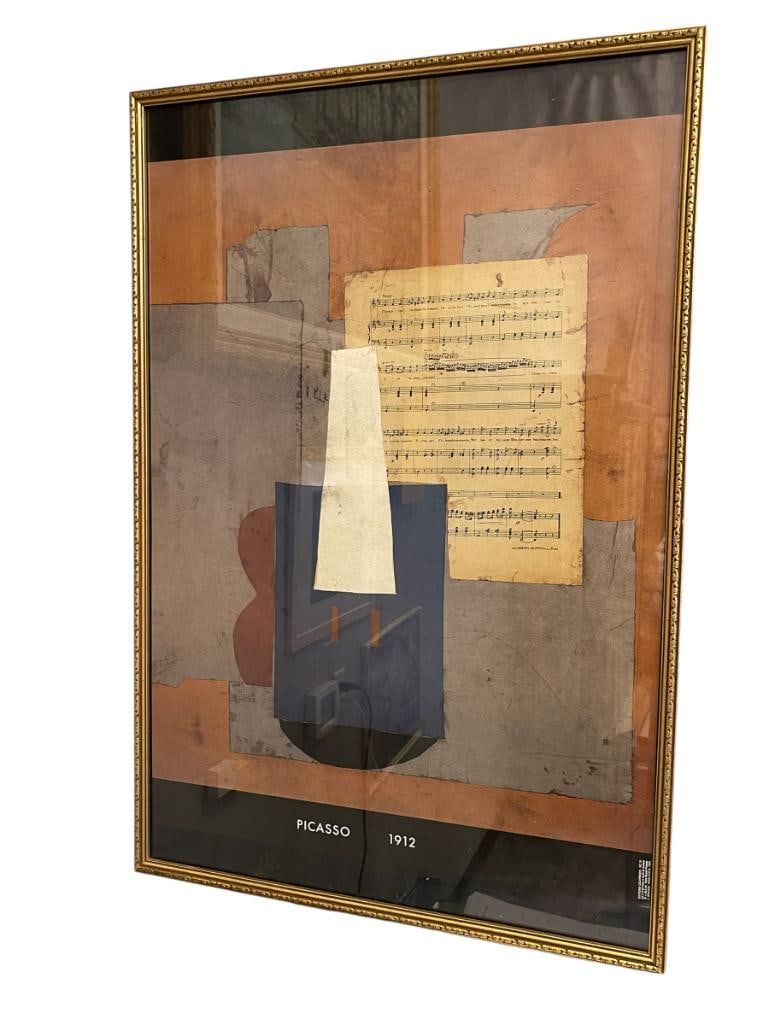 PABLO PICASSO RENOWN ARTIST EXHIBITION POSTER VIOLIN ET FEUILLE DE MUSIQUE ORIGINALLY CREATED 1912: PABLO PICASSO (1881-1973) PIONEER OF CUBIST ART IN GEOMETRIC FORMS, DEPICTS VIOLIN AND SHEET MUSIC, FRAMED 25" X 37" FRAME