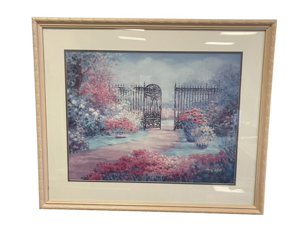 NORA DEBOLT RIVERSIDE, CA ARTIST PRINT: ART DEPICTS OPEN GATE TO FLOWER GARDEN, PLATE SIGNED, FRAMED 30" X 25" FRAME 