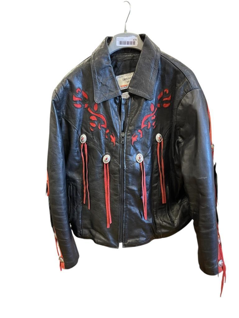 BLACK AND RED LEATHER GENUINE JACKET WITH DECORATIVE FRINGE AND CONCHOS (1 of 8)