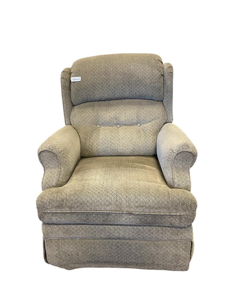 MINT GREEN PATTERNED ROCKING RECLINER: SHOWS WEAR 33" X 36" X 36" 