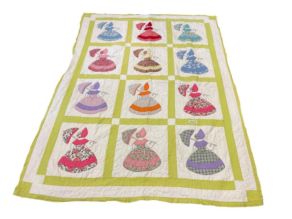 SOUTHERN BELLE PARASOL LADY COLORFUL QUILT WITH WHITE BACKGROUND AND GREEN BORDERS: BLOCK DESIGN WITH COLORFUL BELLE DESIGN, LIGHT WEAR, BUT NO HEAVY STAINS 66" X 88" 