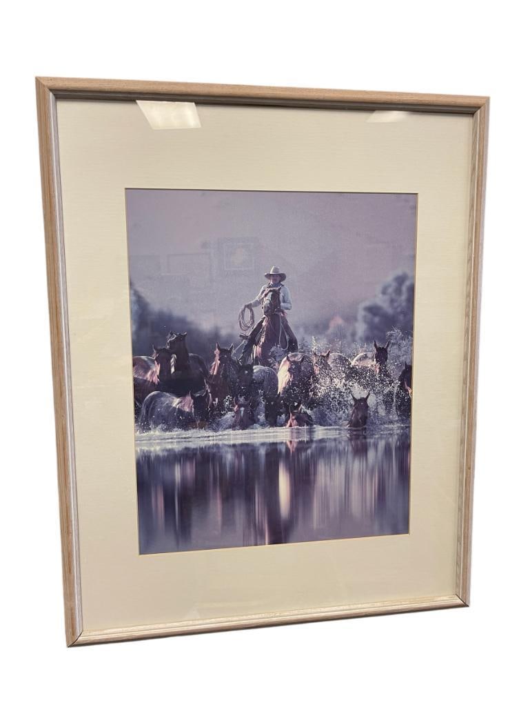 WESTERN PHOTO-PRINT RANCHER HERDINGHORSES THROUGH RIVER: 23" X 29" FRAME 