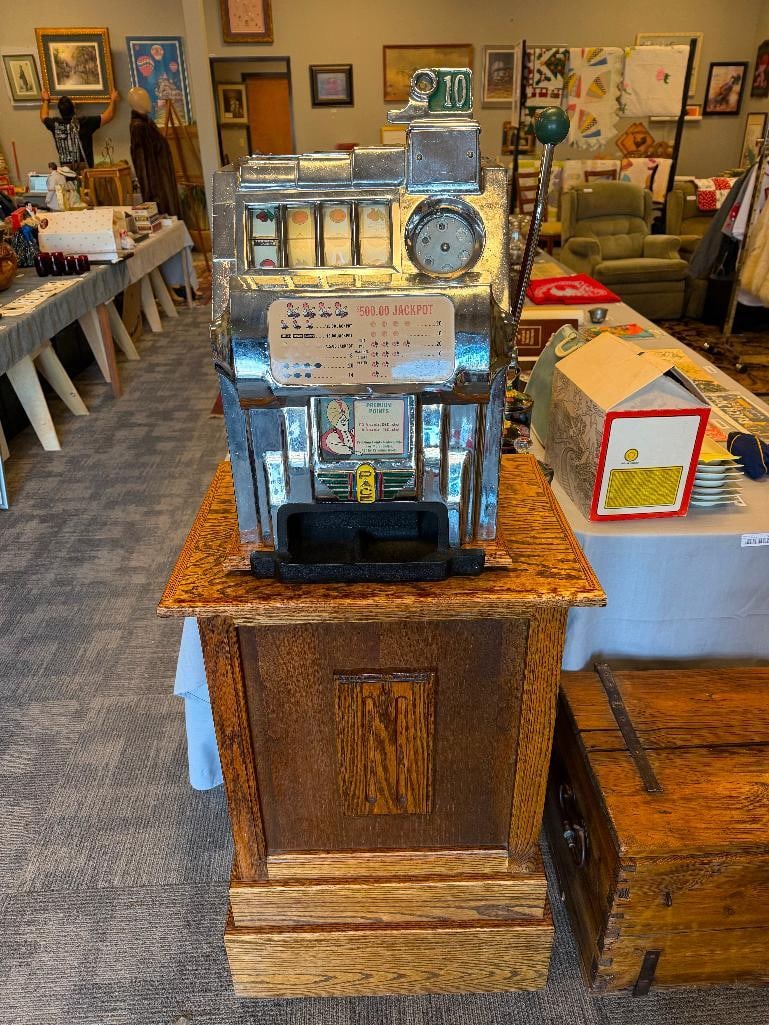 VINTAGE CIRCA 1980'S PACE ROLL-A-TOP ALUMINUM 10 CENT / DIME SLOT MACHINE FROM HARRAH'S CASINO - 3