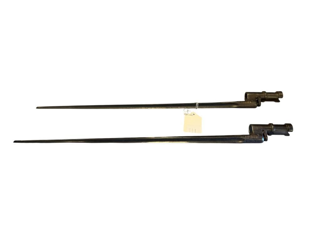 TWO WWII ERA RUSSIAN MOSIN-NAGANT SPIKE BAYONETS: SERIAL # CC8833 AND NN367, BOTH FEATURE A LITTLE PATINA AND ARE IN GOOD CONDITION 20" TOTAL LENGTH 