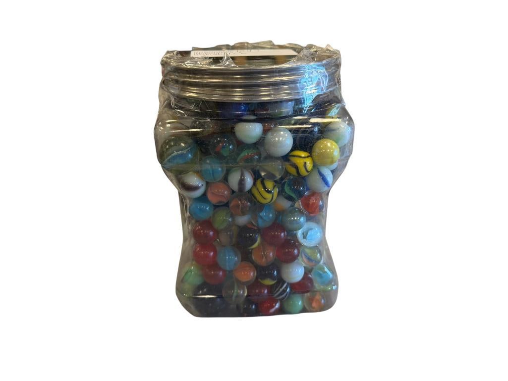 GLASS JAR OF VINTAGE COLLECTIBLE GLASS MARBLES INCLUDING SEVERAL SHOOTERS, SWIRL, AND CAT'S EYE (1 of 9)